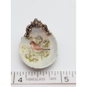 Vintage 1" Hand Painted Bird Motif Porcelain Brooch Pin Set In Silver